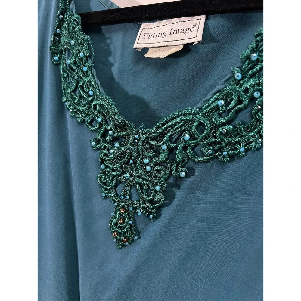 Fitting Image Tank Top 22 Vintage Cottagecore Beaded Lace V-Neck Teal Green - Picture 3 of 5
